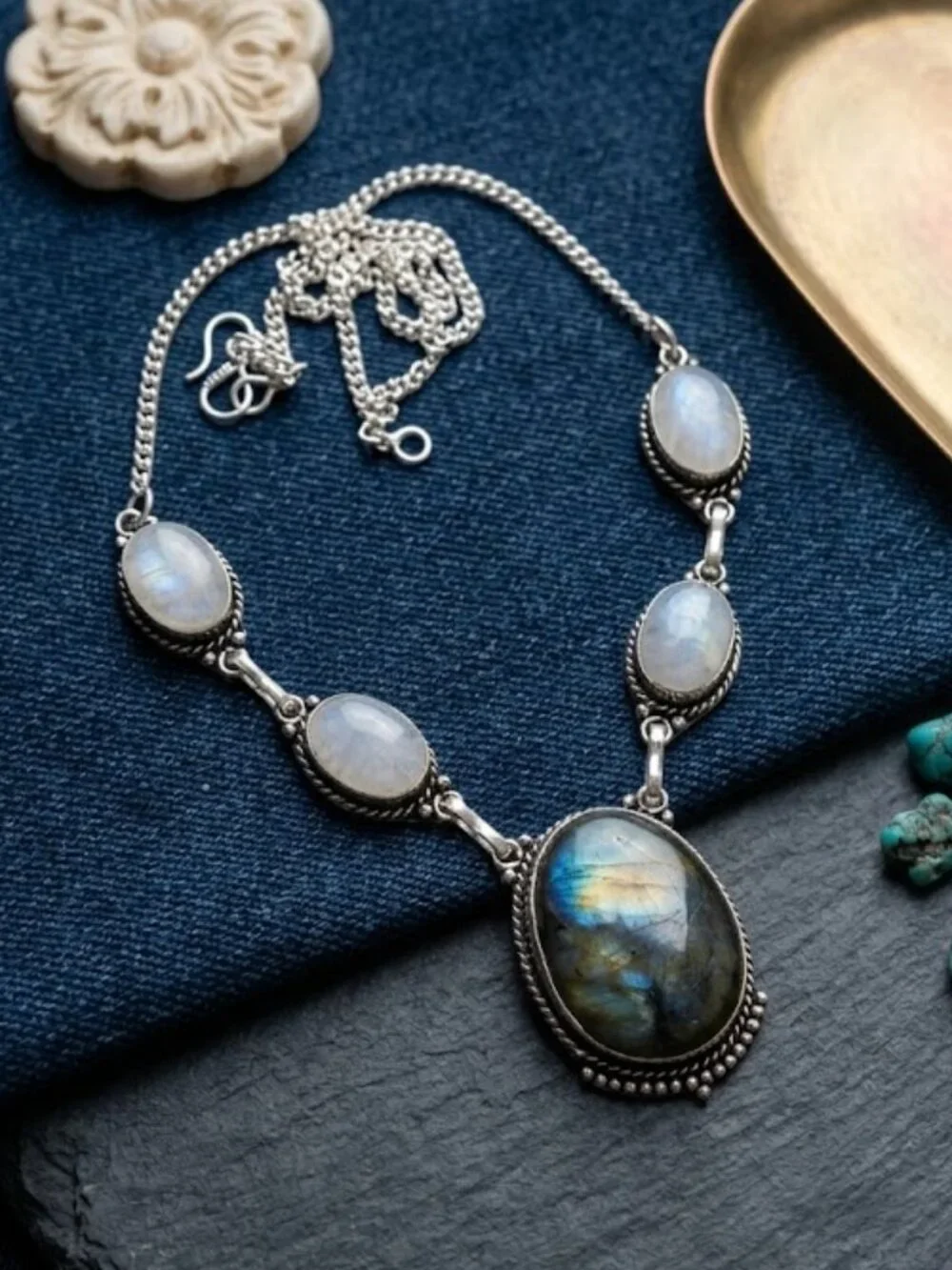925 Silver Genuine Labradorite Moonstone Statement Necklace Whimsigoth Bohemian